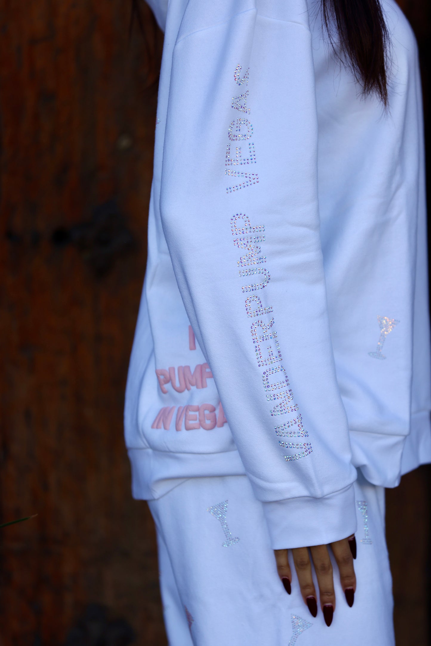 "I Got Pumped in Vegas" White Crystal Martini Hoodie