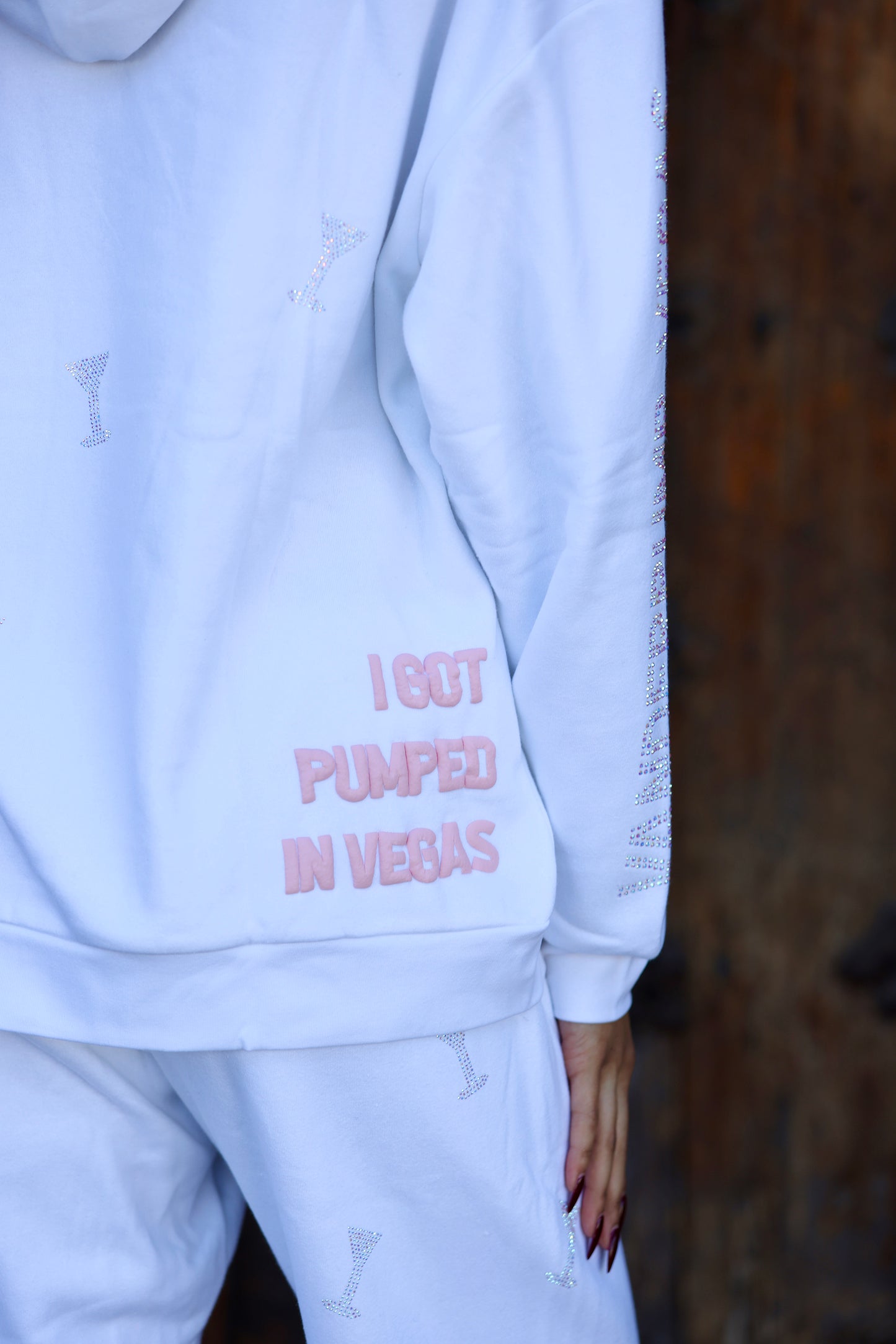 "I Got Pumped in Vegas" White Crystal Martini Hoodie