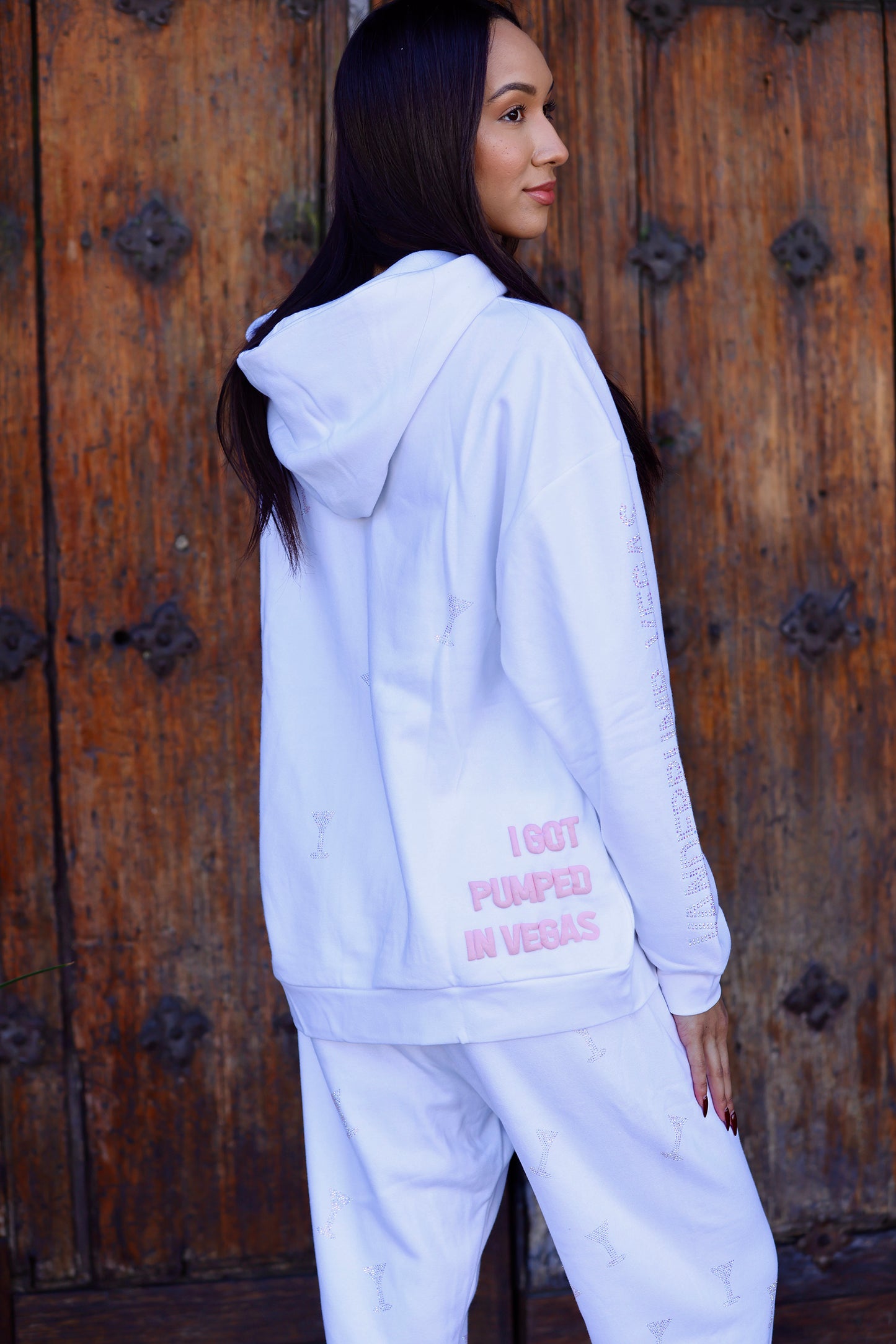 "I Got Pumped in Vegas" White Crystal Martini Hoodie