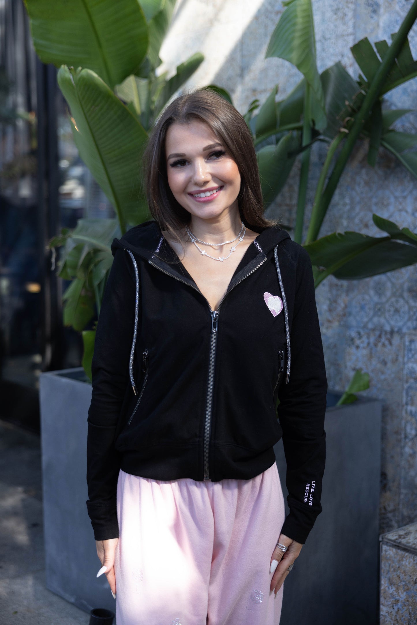 Vanderpump Chunky Zip–Up Hoodie with Crystal Drawstrings