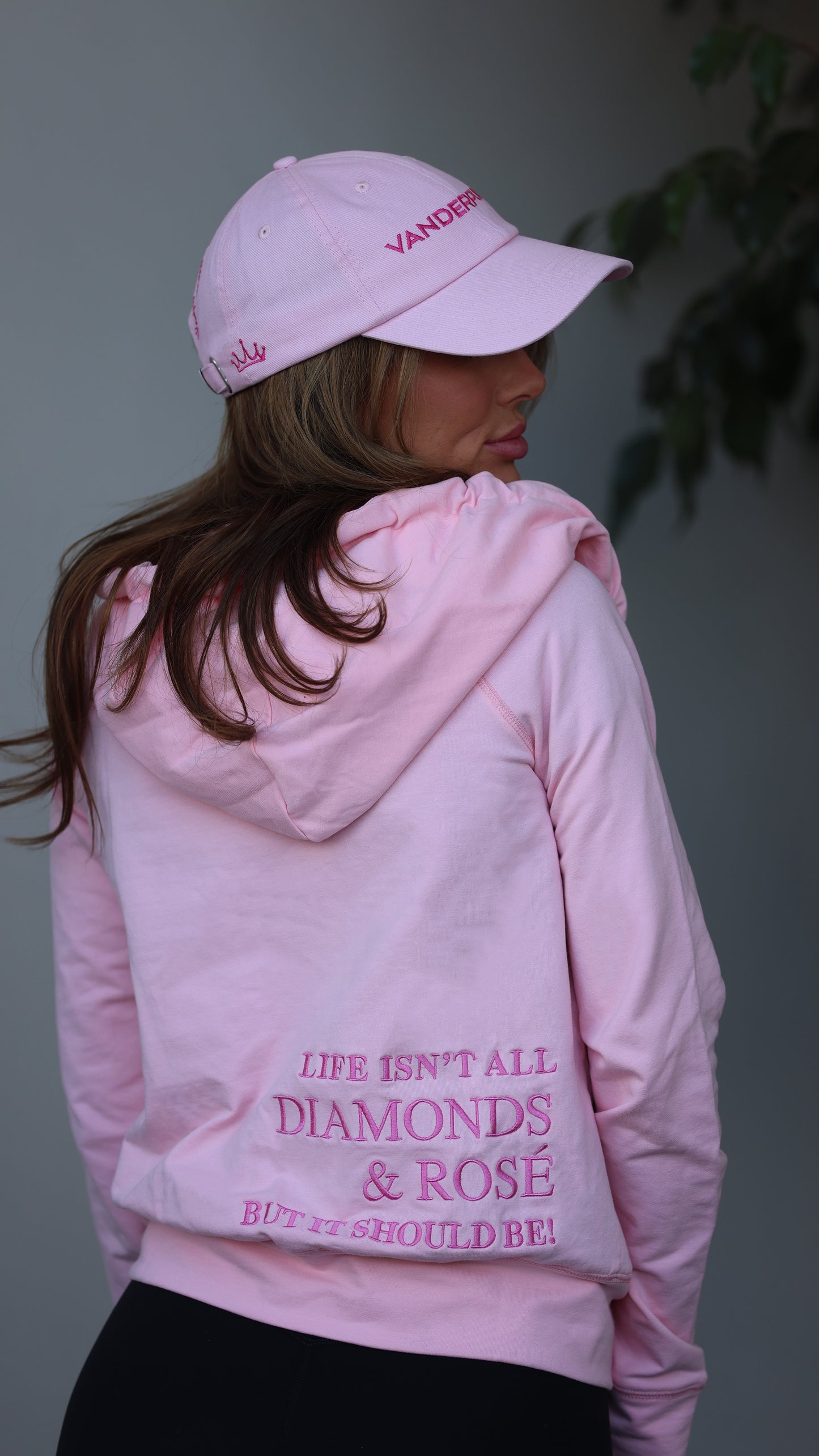 Diamonds & Rosé Chunky Zip Up Hoodie with Crystal Drawstrings