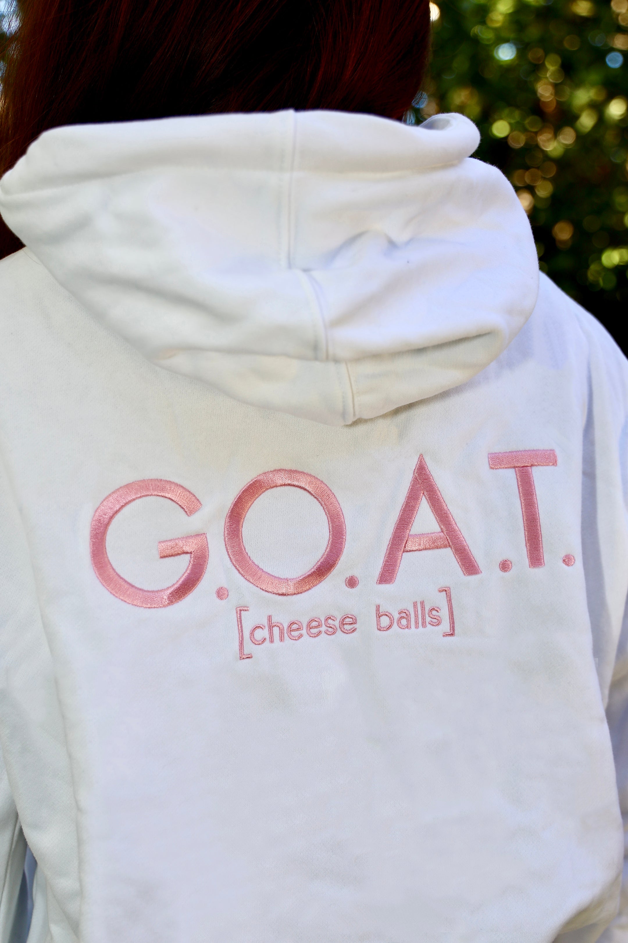 G.O.A.T cheese balls Embroidered Hoodie White with Crystal Drawstrings