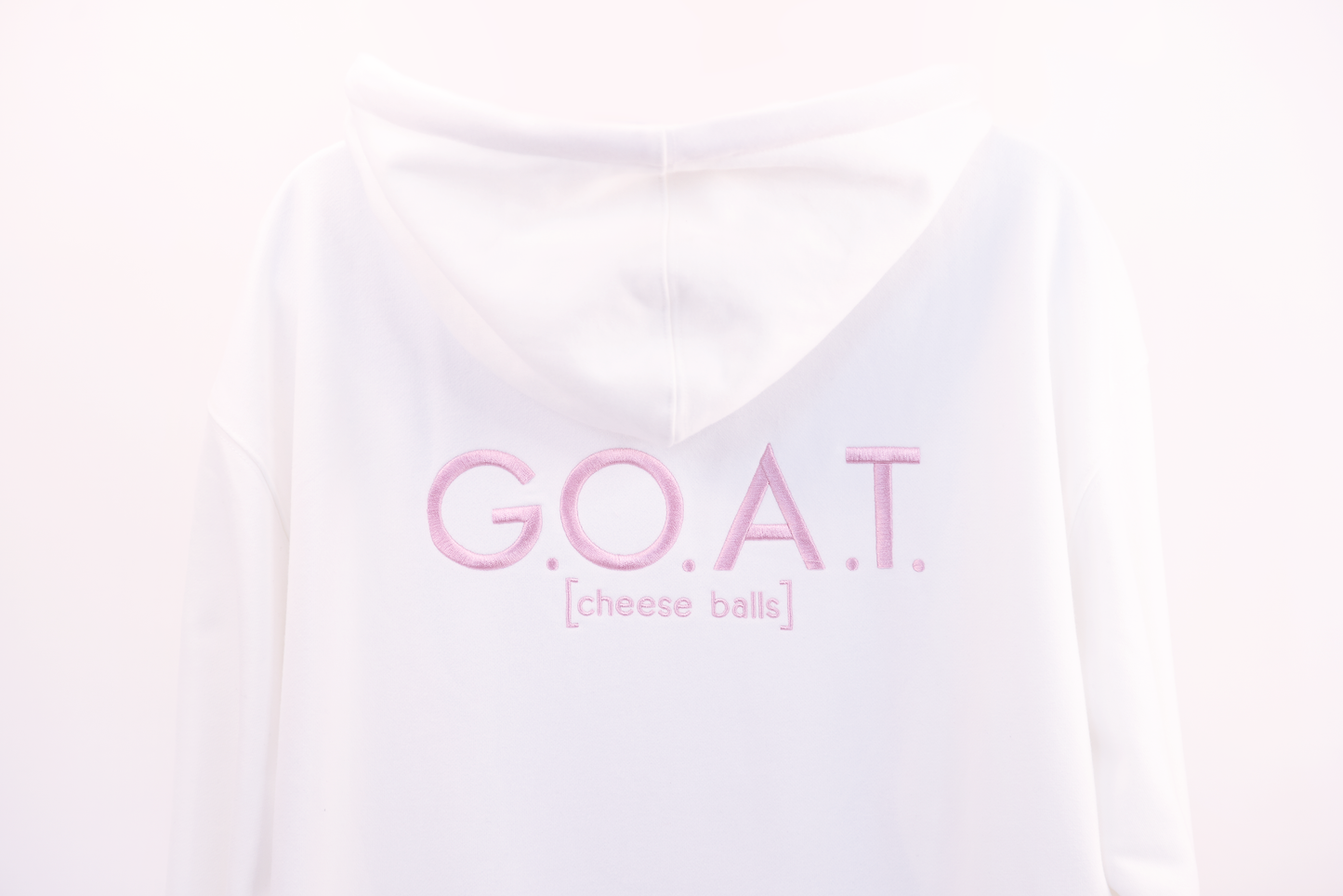 G.O.A.T [cheese balls] Embroidered Hoodie – White with Crystal Drawstrings